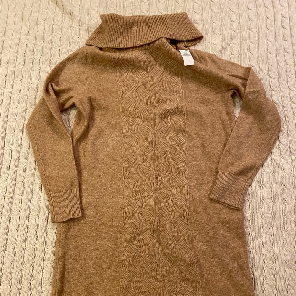 Camel color sweater dress from Banana Republic